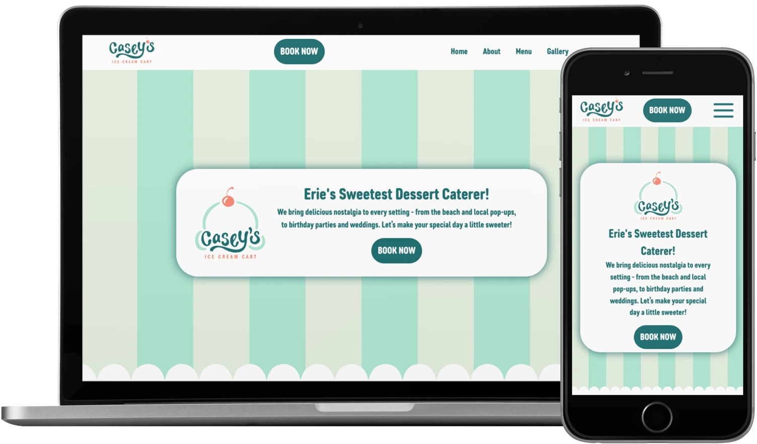 A mockup of a laptop and phone depicting the Casey's Ice Cream Cart website